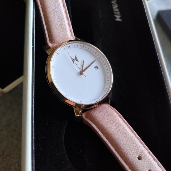 WOMEN'S MVMT 40MM ROSE GOLD WATCH STAINLESS STEEL WHITE DIAL CORAL LEATHER BAND - Picture 2 of 10